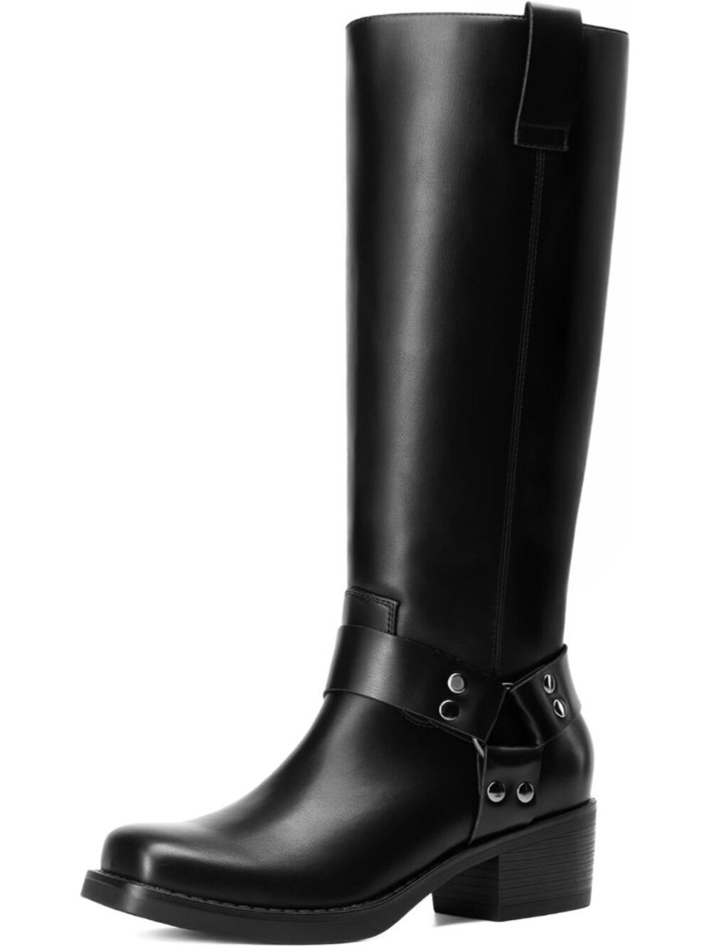 Women's Black Knee High Boots Motorcycle Riding Pull-on Fashion Long Square Toe